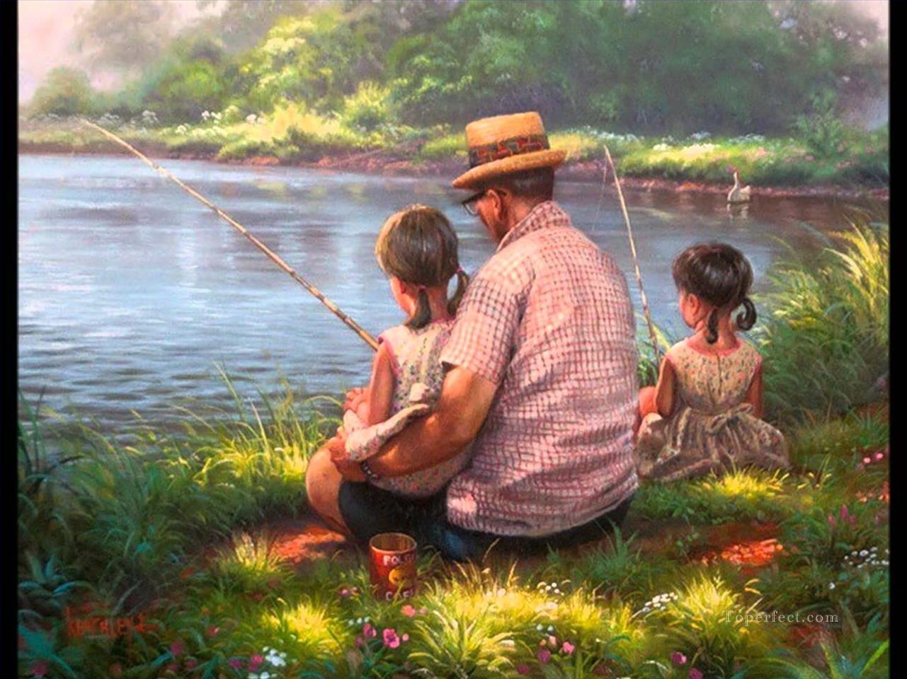 Dibujos animados de padre e hija de pesca para niños. Pintura al óleo